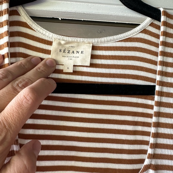 Sezane Fabiola dress camel ecru stripe size L - Picture 3 of 5